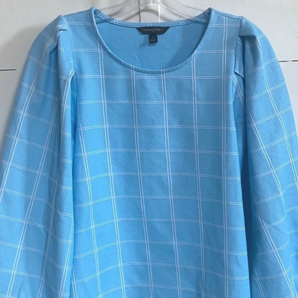 Blue Plaid Puff Sleeve Crew Neck Top Banana Republic Women's Size L EUC